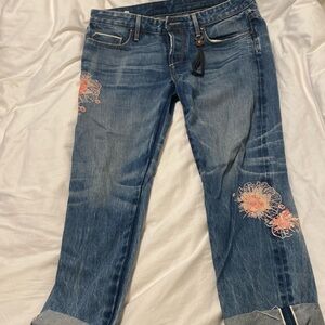 Tortoise denim pink embroidered button fly